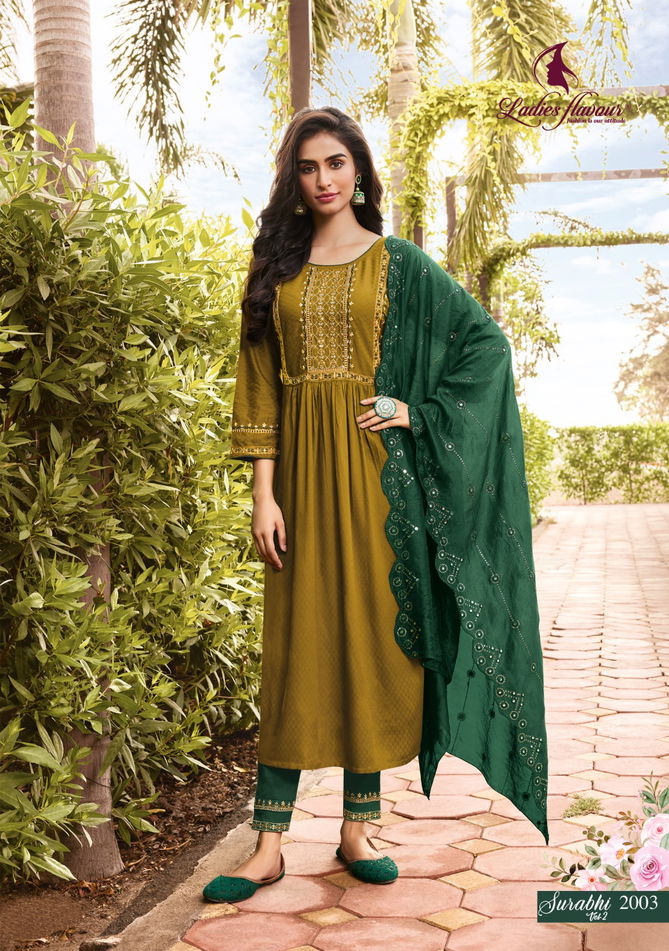 Surabhi Vol 2 By Ladies Flavour Rayon Kurti With Bottom Dupatta Catalog
